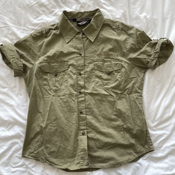Y2K Harley Davidson Army Green Utility Shirt 100% Cotton Top Womens Size XL - Picture 1 of 10